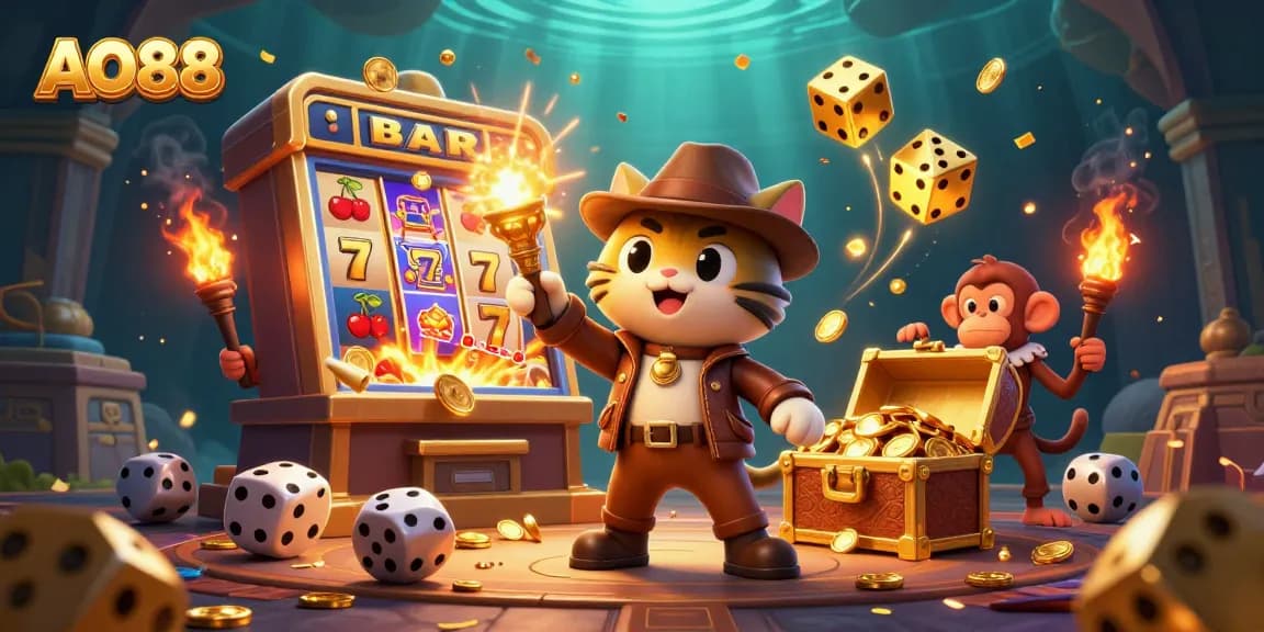 Experience the excitement of AO88 with a cartoon explorer cat uncovering casino treasures.