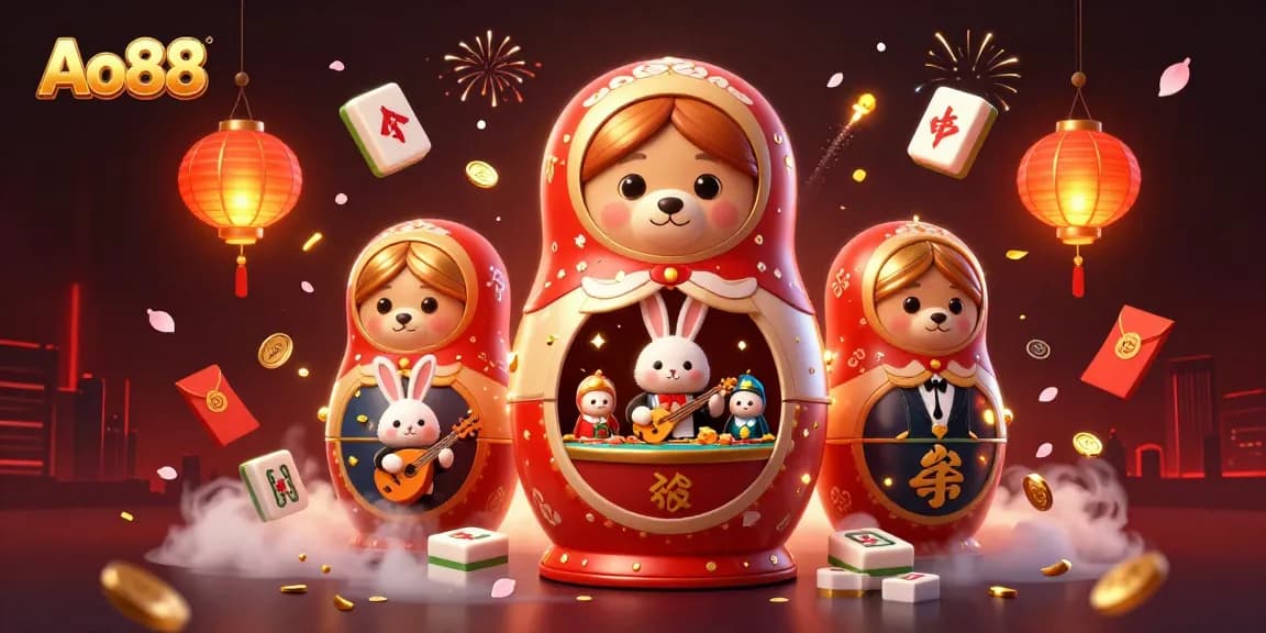 Ao88 offers an exciting casino experience with vibrant characters and festive elements showcasing gaming excitement.