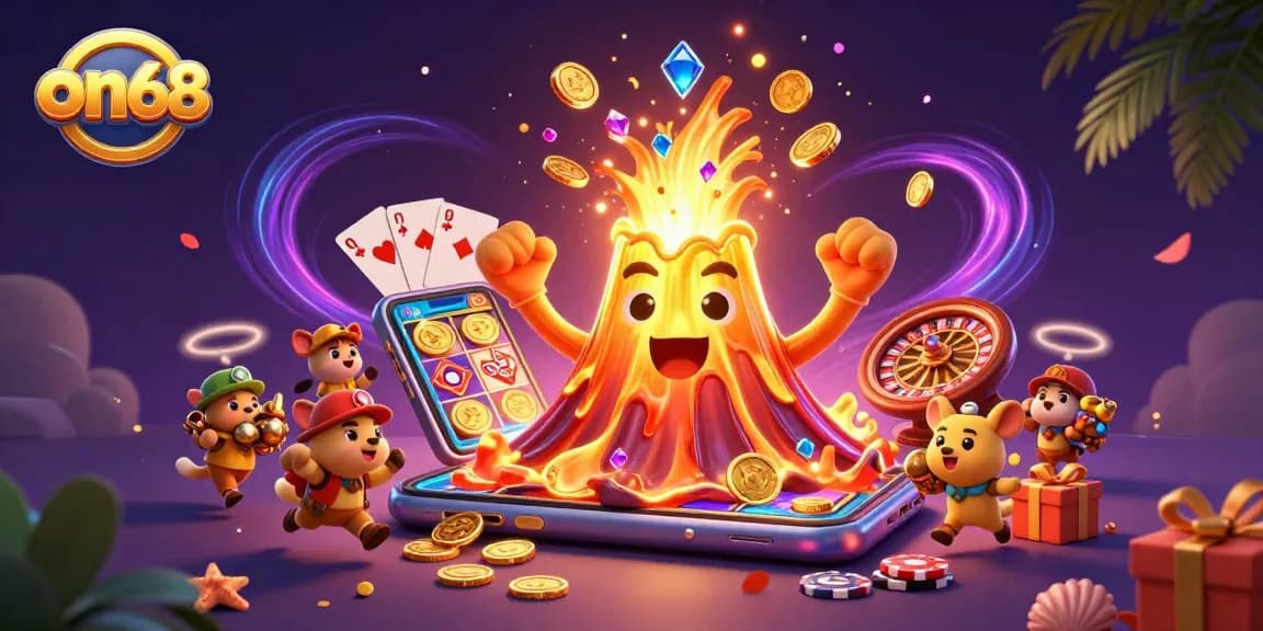 Win big at on68 with a vibrant 3D illustration of a golden volcano spewing coins, gems, and lively gambling scenes.