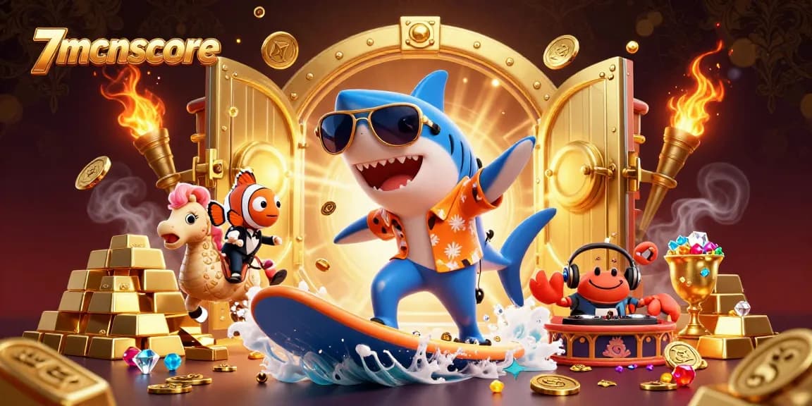 Experience the thrill of 7mcnscore with a shark surfing gold coins amidst a vibrant casino scene.