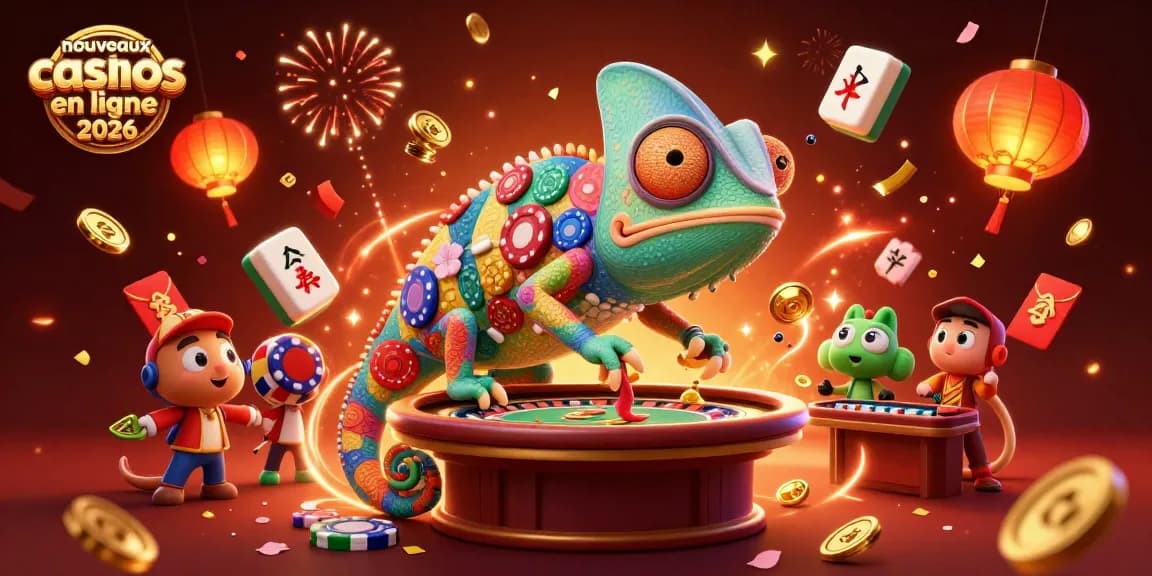 Illustration dynamique des nouveaux casinos en ligne 2026 avec un propriétaire caméléon et des éléments de jeu en action.