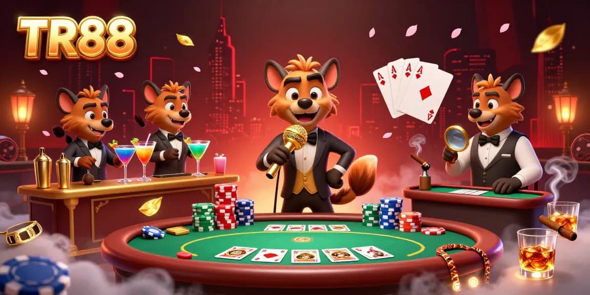Experience the excitement of TR88 at a lively casino scene with hyenas playing poker and serving drinks.