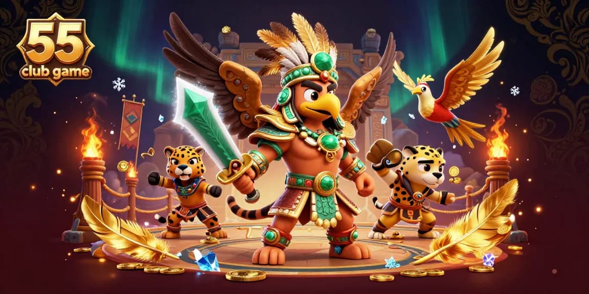 Engage in the excitement of the 55 club game with dynamic Aztec warriors in an immersive casino scene