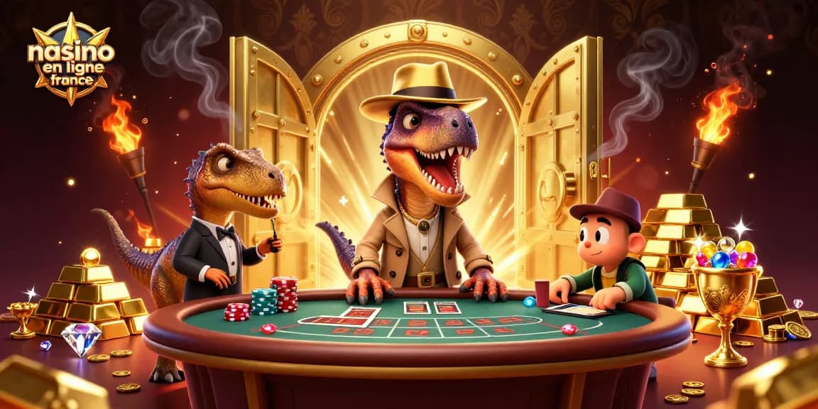 Découvrez le nouveau casino en ligne France avec des personnages captivants jouant aux jeux de casino dans une scène dynamique et colorée.