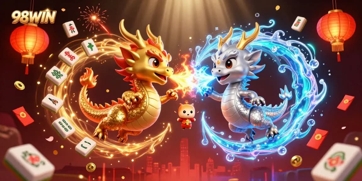 Experience thrilling entertainment with 98WIN in a captivating 3D dragon battle amidst vibrant casino elements.