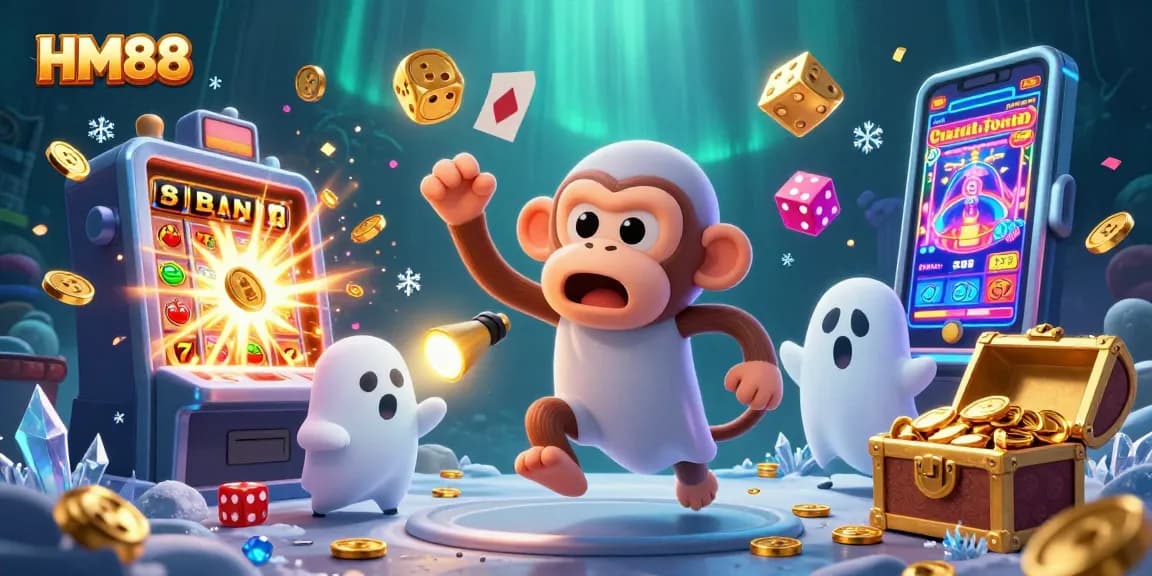 Engage in thrilling gameplay at HM88, featuring a lively scene of a mischievous monkey and excited puppy in a vibrant casino