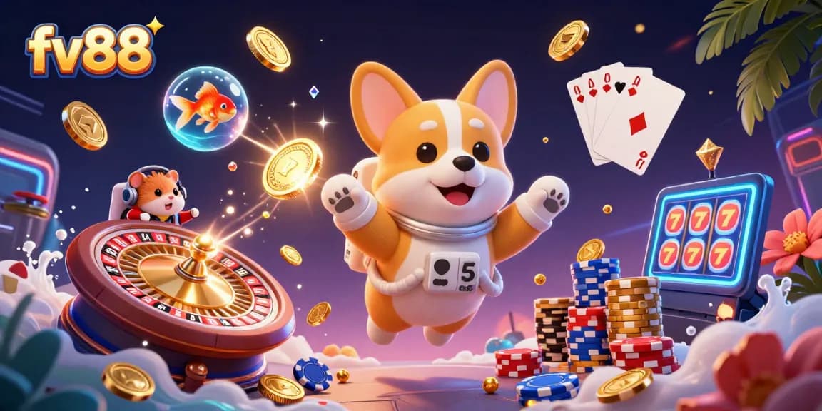 fv88 players enjoying the exciting casino atmosphere with golden coins and poker chips floating in space