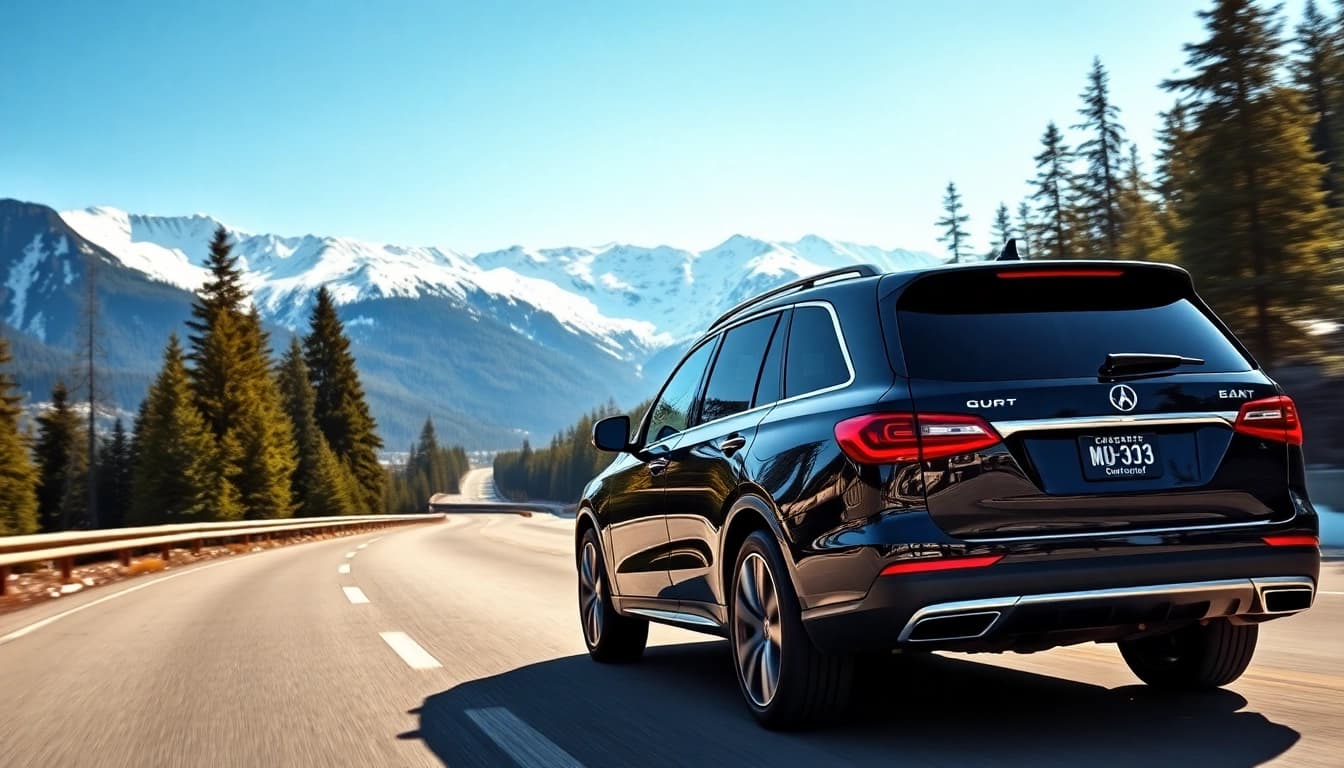 Enjoy premium car service vancouver to whistler in a luxurious black SUV on a scenic highway surrounded by stunning landscapes.