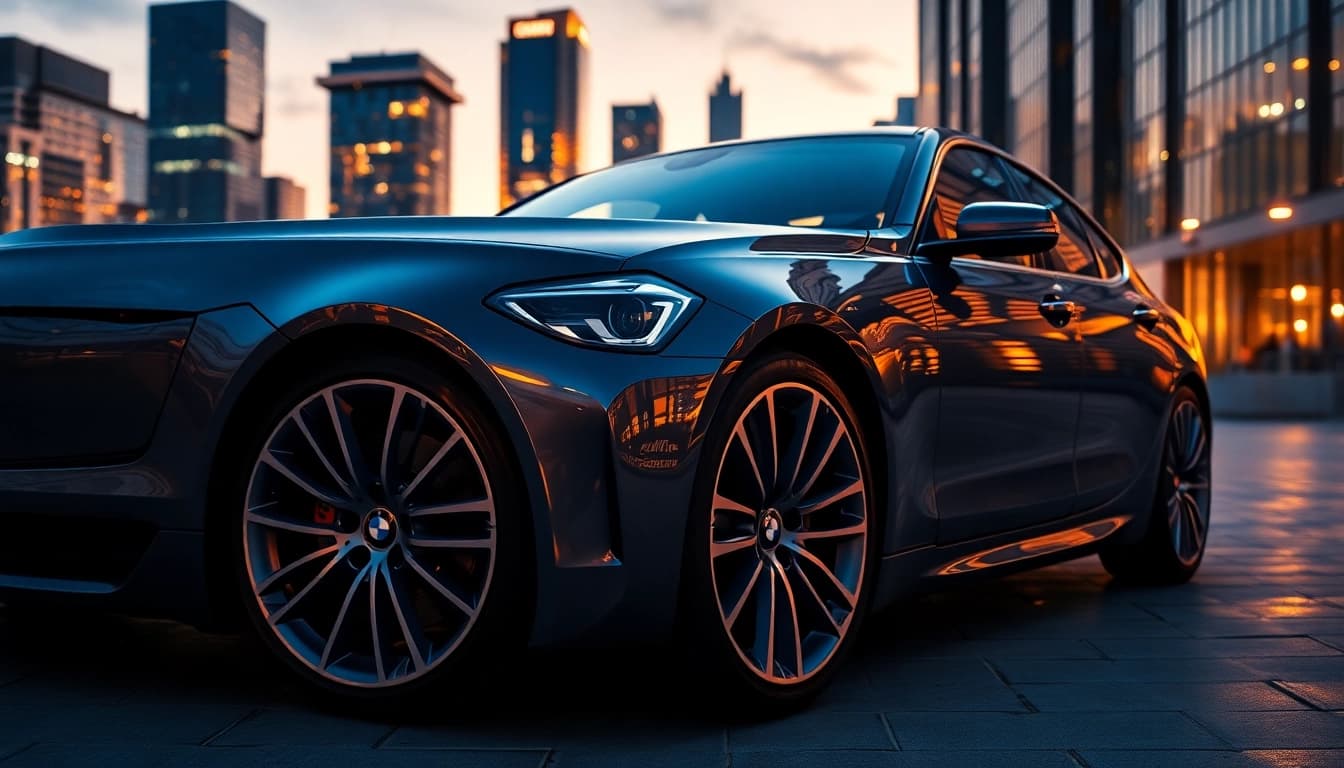 Luxury BMW car parked elegantly in an upscale cityscape, showcasing sleek design and modern luxury.