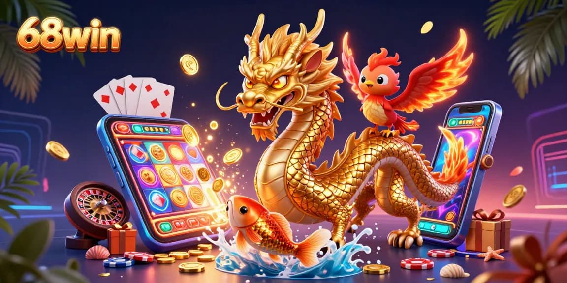 Experience thrilling gameplay at 68win with a vibrant casino-themed illustration featuring a dragon.