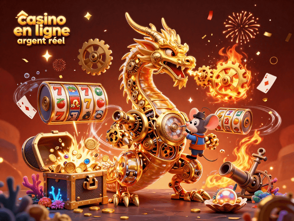 Jouer au casino en ligne argent réel avec un dragon doré et des éléments de jeu dynamiques.