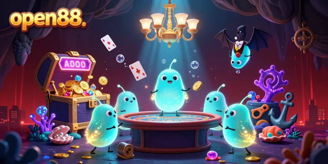 Experience the excitement of open88 with a 3D illustration of glowworms and a bat dealer in a lively cave casino.