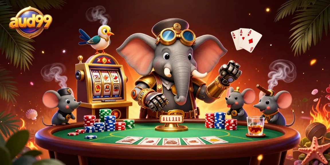Spin big wins at aud99 with a playful steampunk elephant enjoying a vibrant gambling scene.