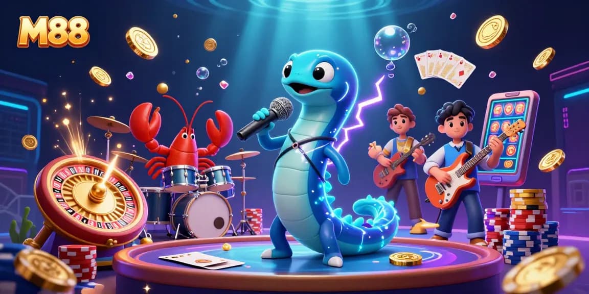 M88 showcases an electric eel DJ in an underwater casino scene, captivating players with vibrant game elements.