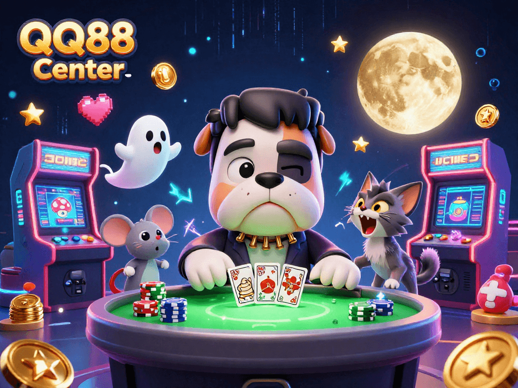 Engage at QQ88 Center with exciting card games, featuring cartoon characters in a vibrant casino setting.