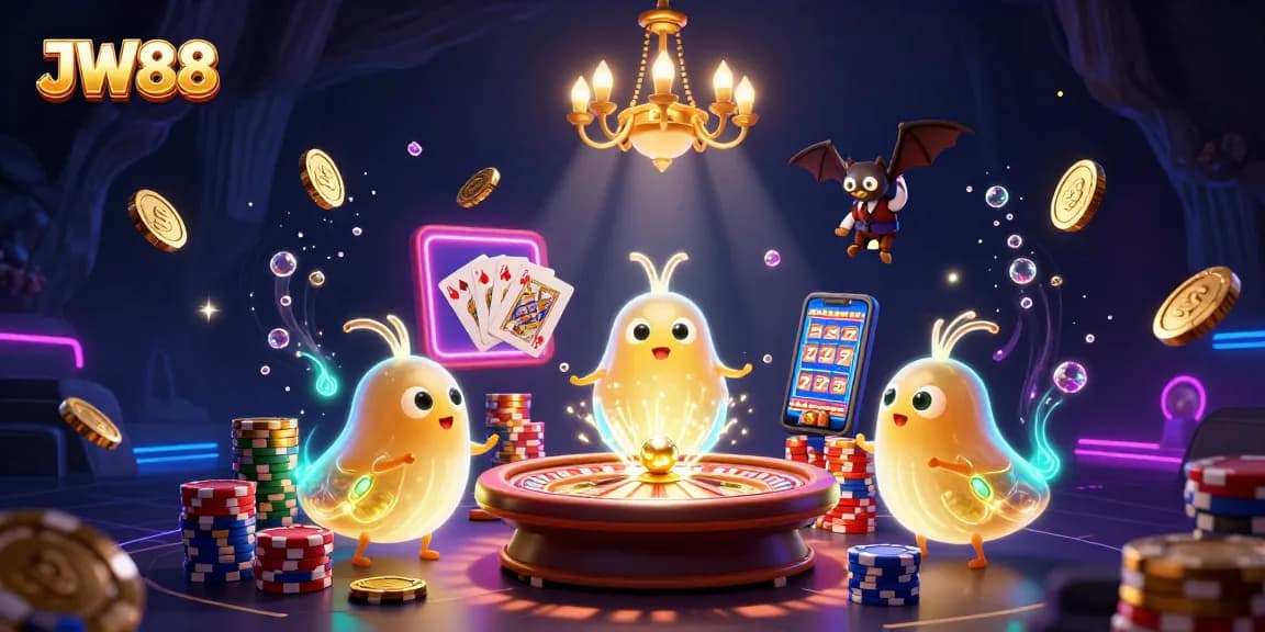 JW88 illuminates a vibrant casino scene with glowworms and dynamic gambling elements.