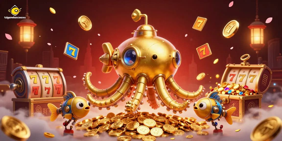 Engage with taigamebancaanxu as a golden kraken submarine surfaces through coins and slot elements.