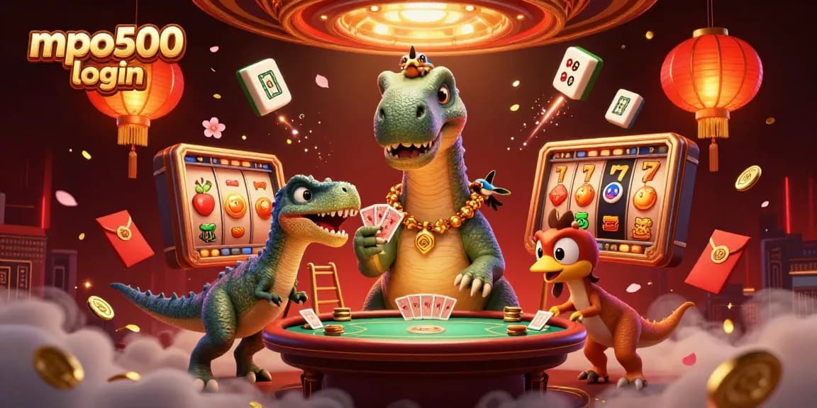 Experience mpo500 login at a vibrant casino scene with playful characters and dynamic game elements.
