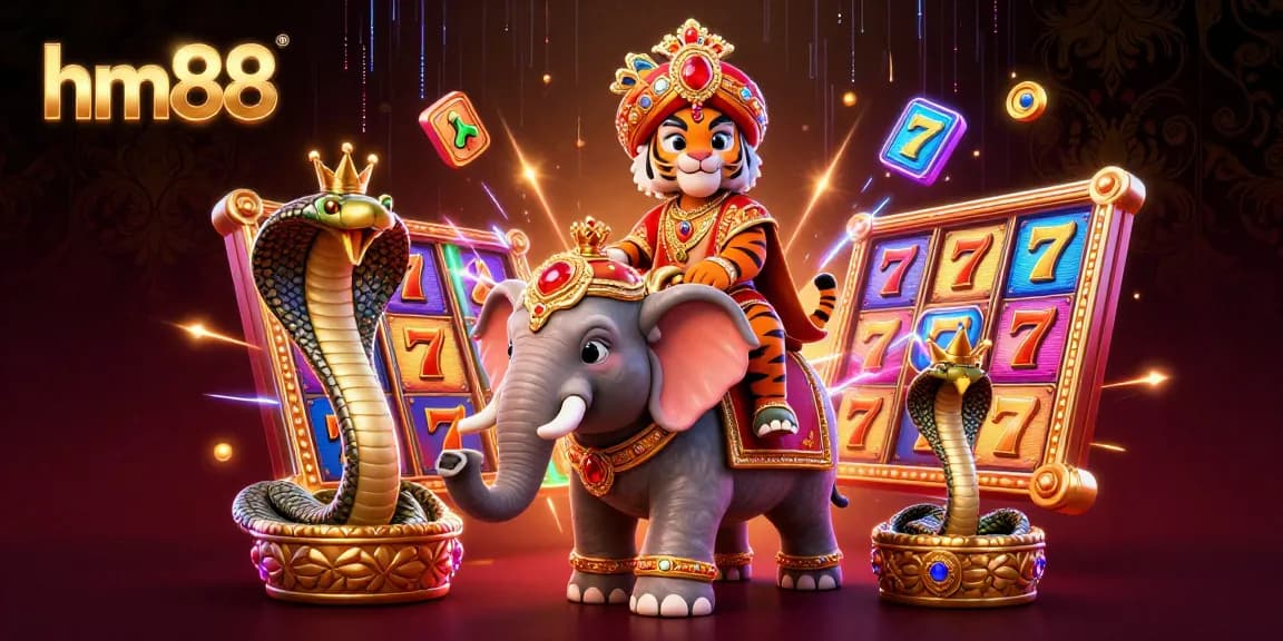 Experience the vivid charm of hm88 with the maharaja tiger and jewel-encrusted elephant in a vibrant casino scene.