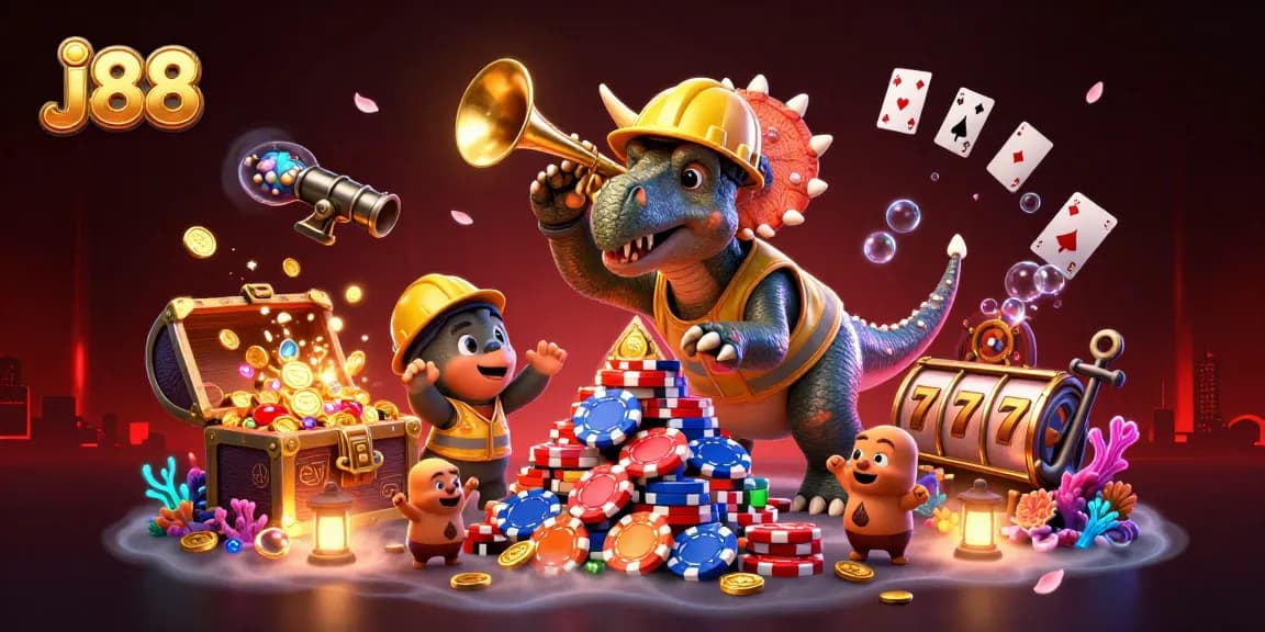 j88 engages gamblers as a triceratops builds poker chip pyramid in an exciting casino scene.