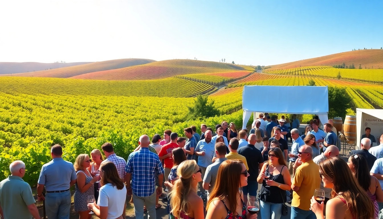 Enjoying the Clarksburg wine festival with friends amid scenic vineyards filled with lively festival-goers.