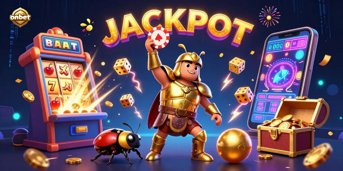 Engage with onbet's thrilling casino experience featuring a heroic beetle in a vibrant, detailed world.