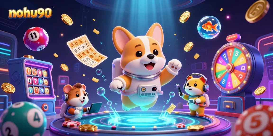 Immerse in the thrilling scene of nohu90 with floating slots, lottery balls, and vibrant casino energy.