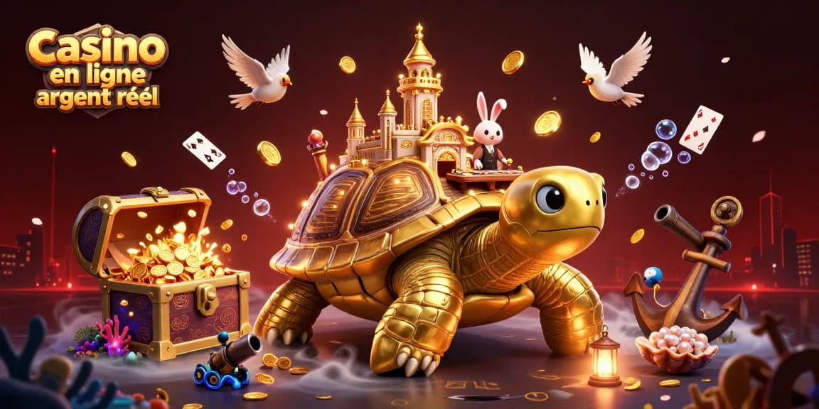 Jouez au casino en ligne argent réel avec une illustration captivante d'une tortue dorée géante et un croupier lapin.