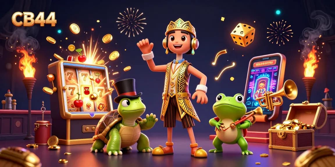 Engage with CB44's thrilling games alongside fun characters in a vibrant, festive casino scene.