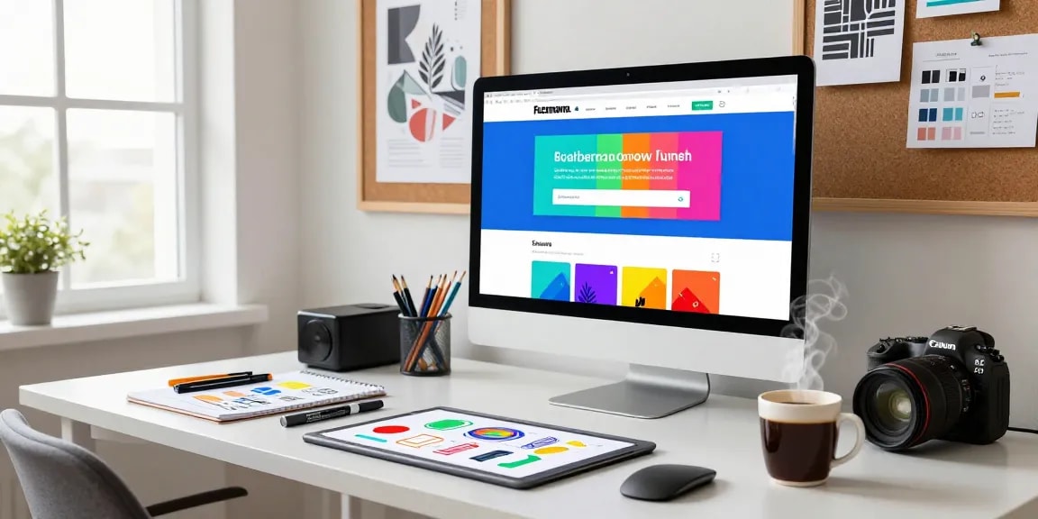 Creative workspace featuring a designer working on fuzzmanta.com, with colorful website designs and artistic tools.