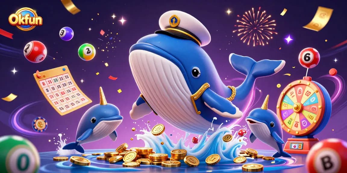 Join Okfun's vibrant gaming fun with a whale, narwhal, and dolphins celebrating wins!