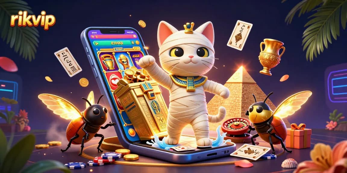Engage with the exciting world of rikvip with a 3D Egyptian mummy cat bursting from a golden sarcophagus in a casino.