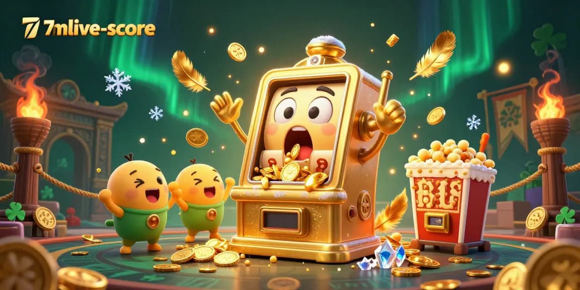 Experience the thrill of 7mlive-score with a lively 3D illustration of a golden slot machine hitting a jackpot.