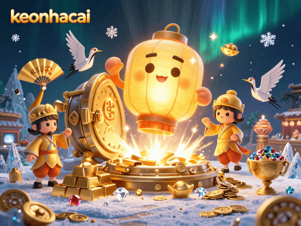 Engage with keonhacai's enchanting casino experience featuring a glowing lantern spirit amidst treasures.