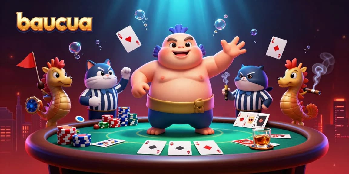 Engage with the thrilling baucua game, featuring a vibrant underwater poker scene with lively characters.
