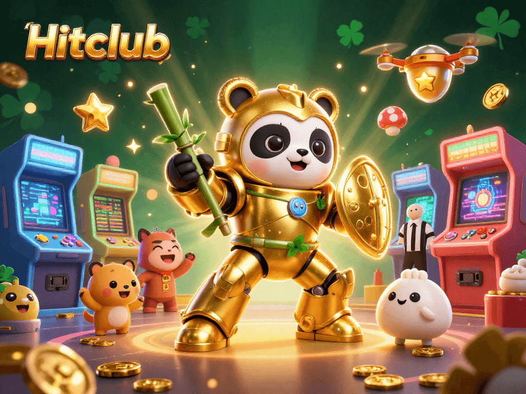 Join the excitement at Hitclub with a thrilling 3D casino scene featuring vibrant game elements and a golden panda!