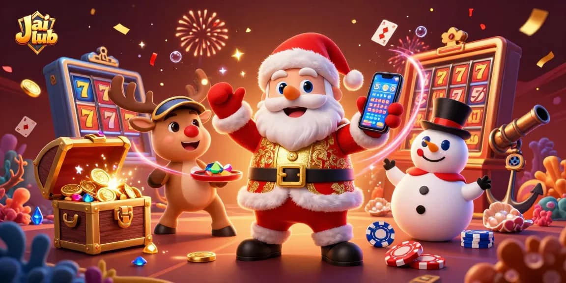 Jai club brings excitement as Santa and friends celebrate jackpot wins in a vibrant casino scene.
