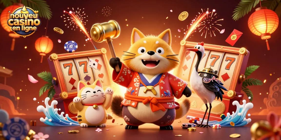 Découvrez un nouveau casino en ligne avec un tanuki chanceux, des jetons de poker et des lanternes.