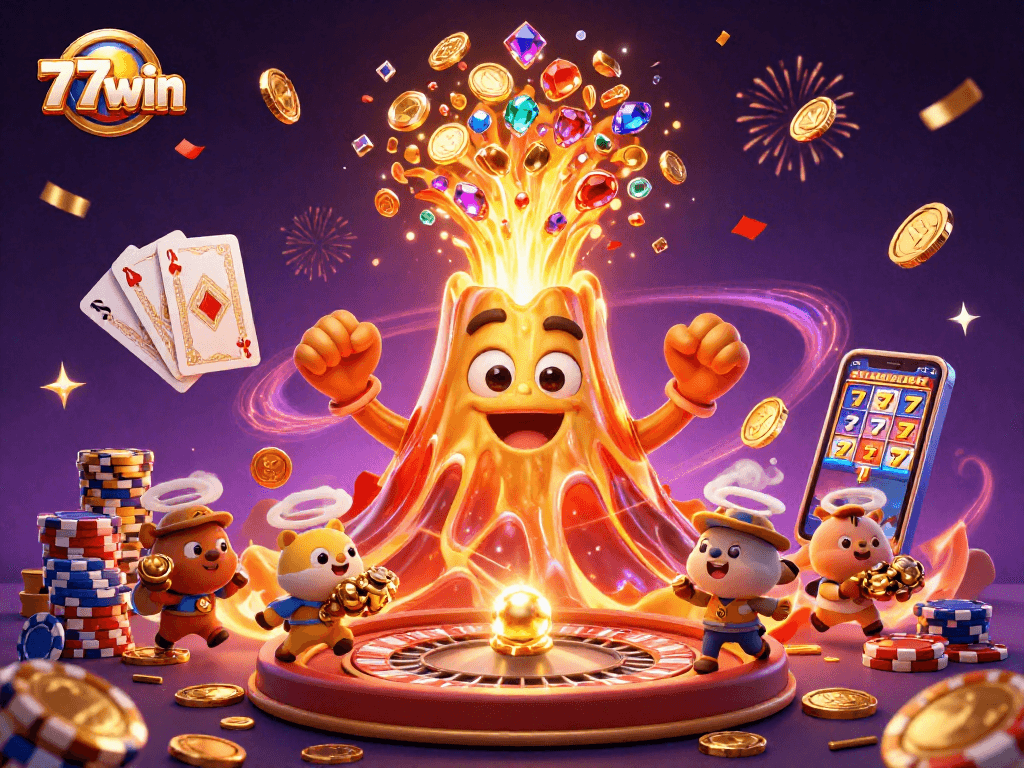 Enjoy the treasures from 77win as a golden volcano erupts with coins and gems in this vibrant casino scene.