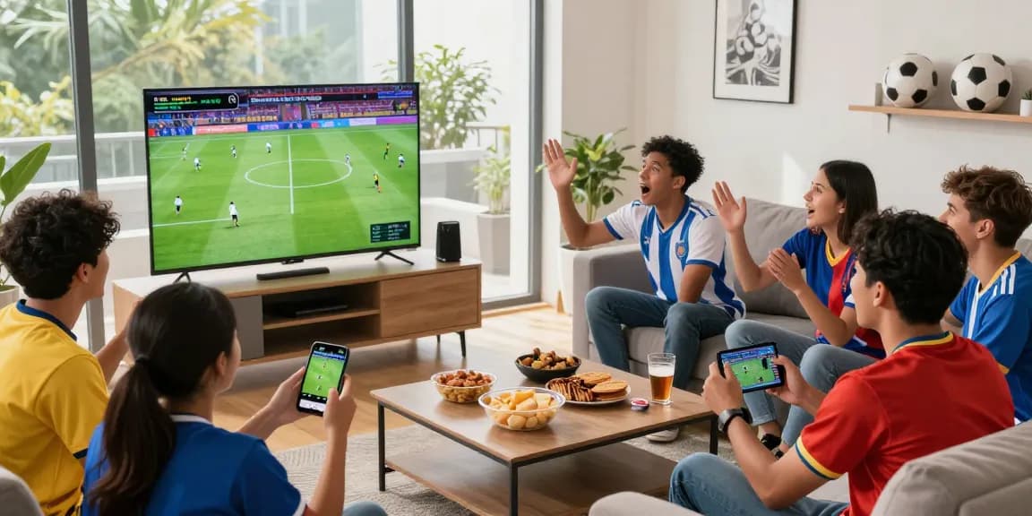 Friends enjoying a live match on koora tv in a lively living room setting.