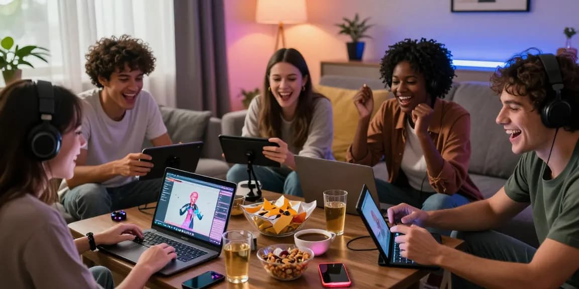 Group of friends playing sex games on multiple devices in a lively living room.