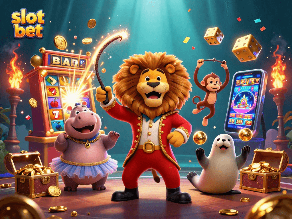 Slot bet menarik dengan mesin slot megah dan karakter menghibur, simbol keberuntungan bertebaran.