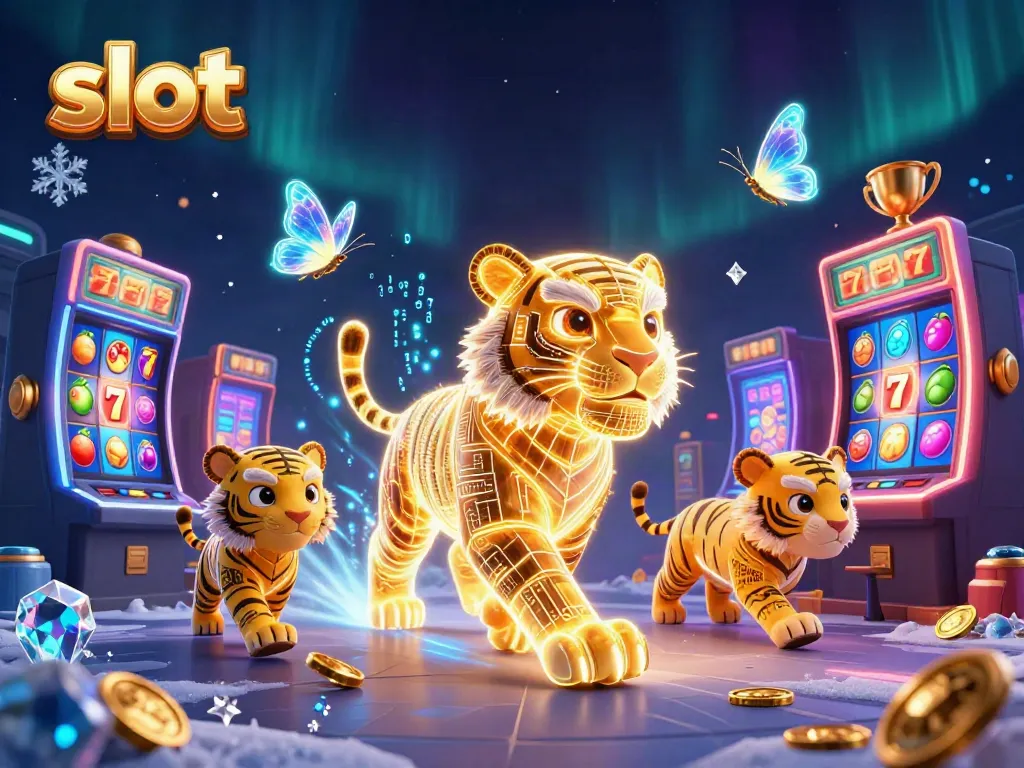 Engaging slot-themed illustration with a neon tiger and dynamic slot elements in a vibrant casino environment.