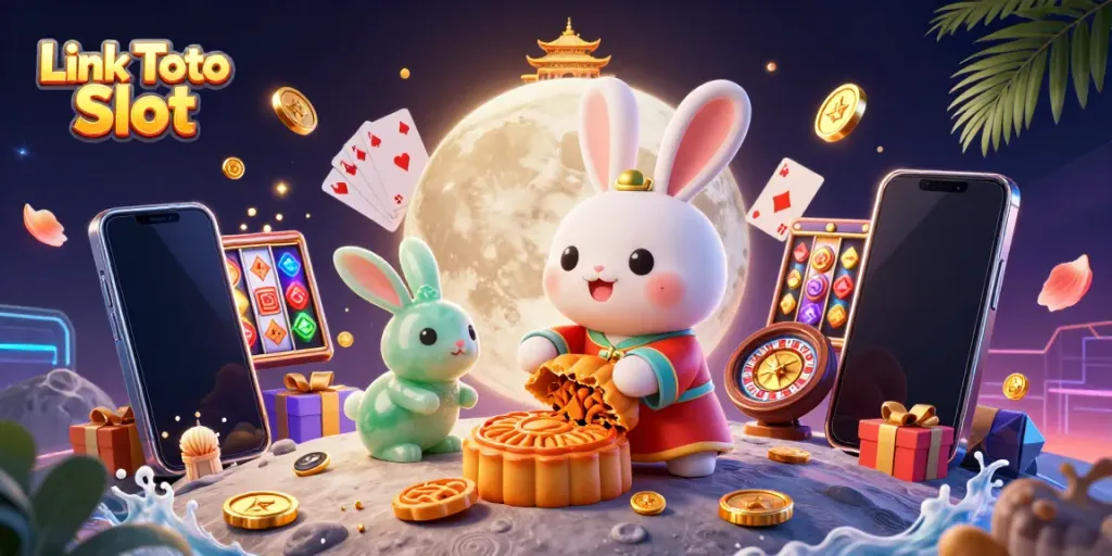 Link Toto Slot dengan kelinci bulan dan elemen kasino di latar belakang bulan.