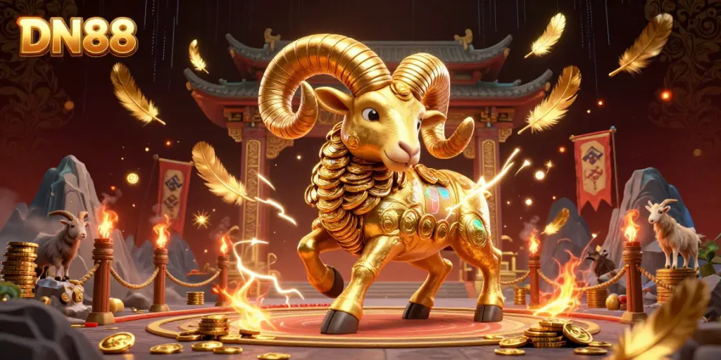 Experience thrilling action with the DN88 golden ram charging through a vibrant casino scene.
