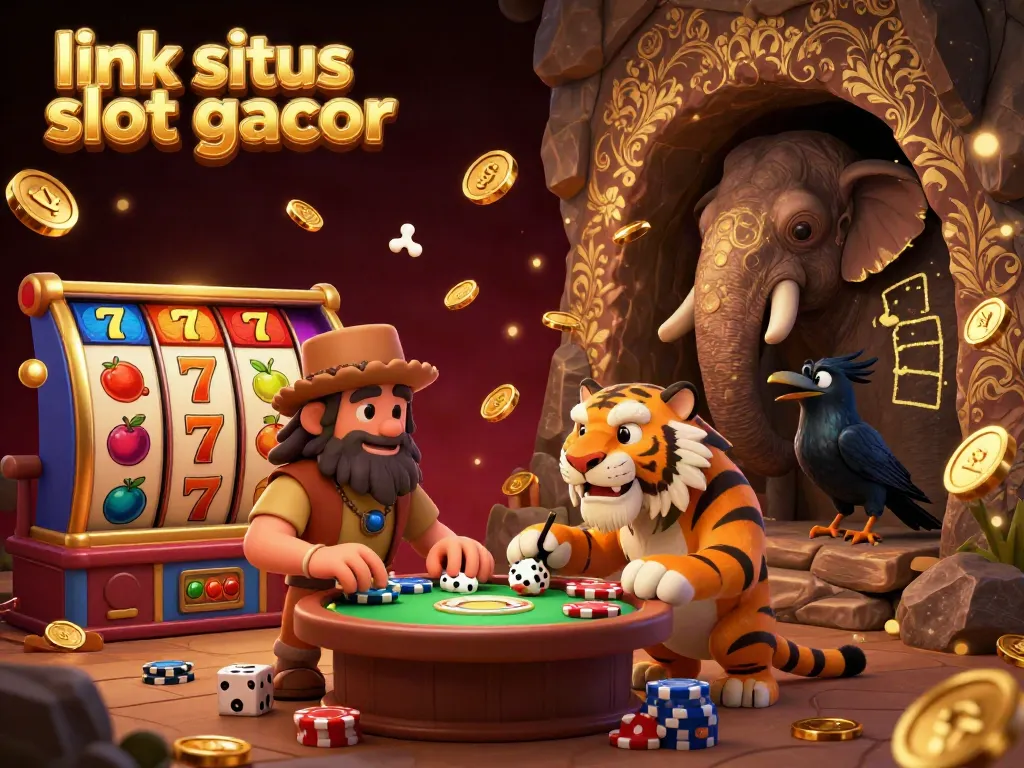 Tampilkan link situs slot gacor dengan ilustrasi kasino prasejarah yang dikelola dua karakter lucu sambil bermain slot dan dadu.