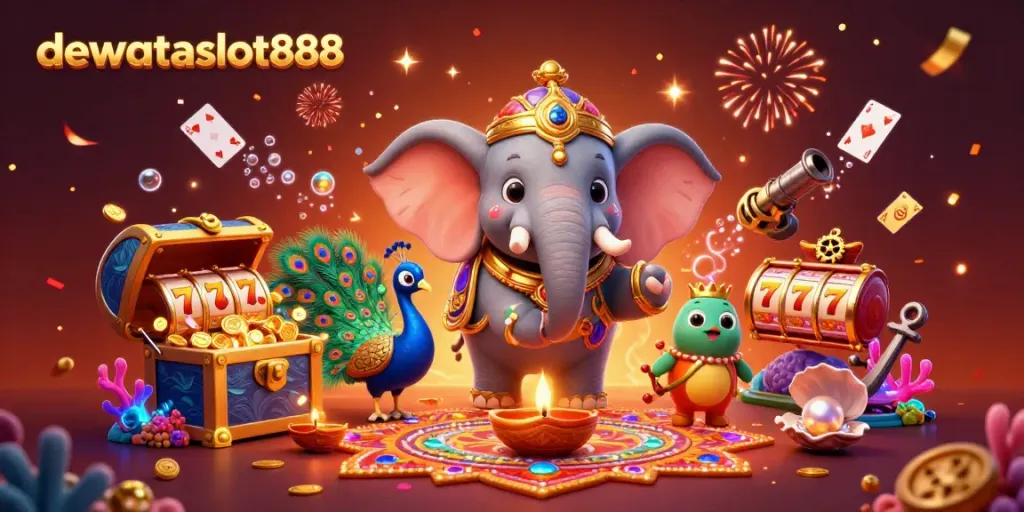 Mainkan slot gacor di dewataslot888 dengan elefant Diwali bertema, dikelilingi harta bawah laut.