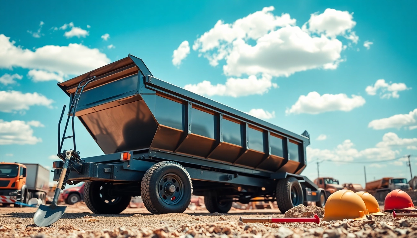 Showcase a dump trailer at a construction site with a bright design and industrial tools.