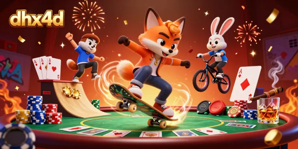 Performa trik di DHX4D dengan karakter kartun dan elemen kasino yang menarik