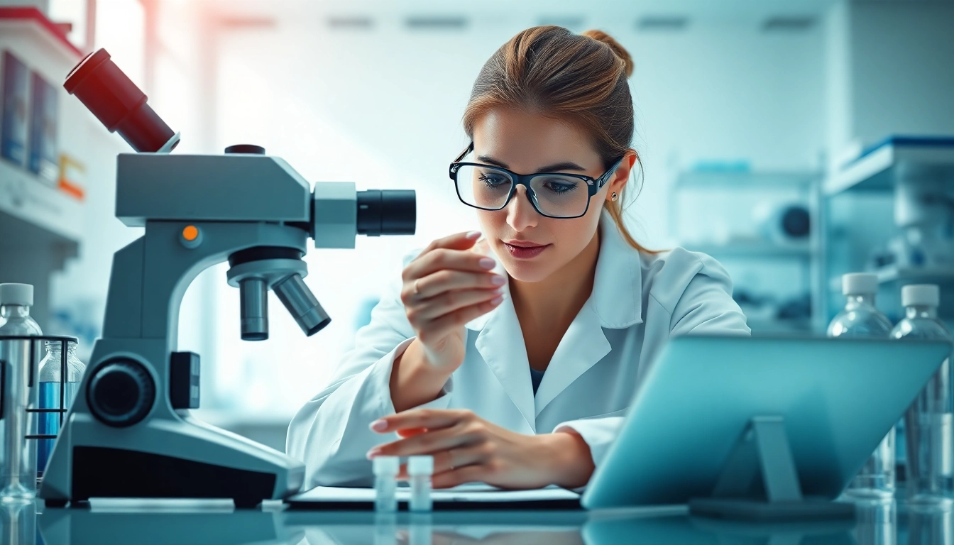 Klow 80 mg peptide formulation being analyzed by a scientist in a modern lab setting.